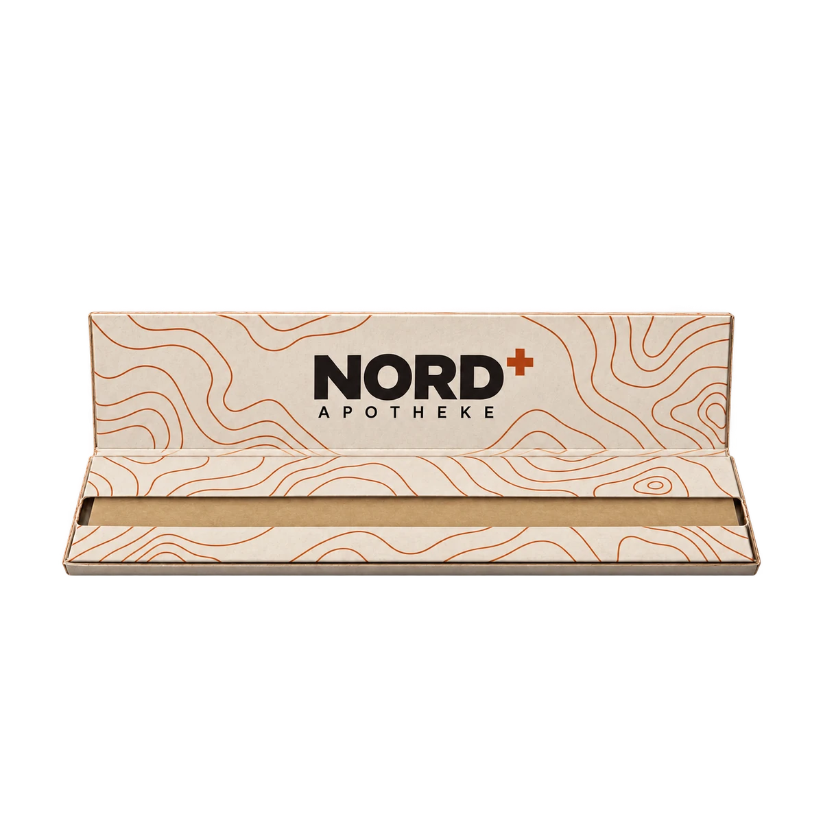 Aufgeklapptes King Size Slim Paper-Booklet mit fiktiver NORD Apotheke Gestaltung