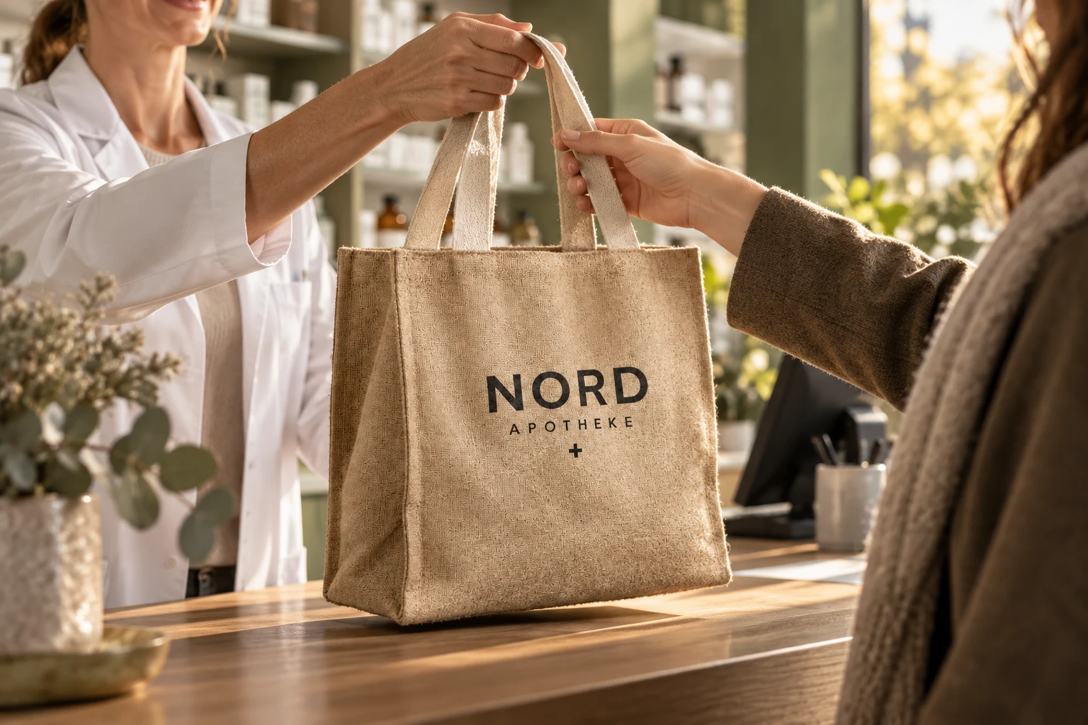 NORD Stofftasche wird an einem Apothekentresen übergeben