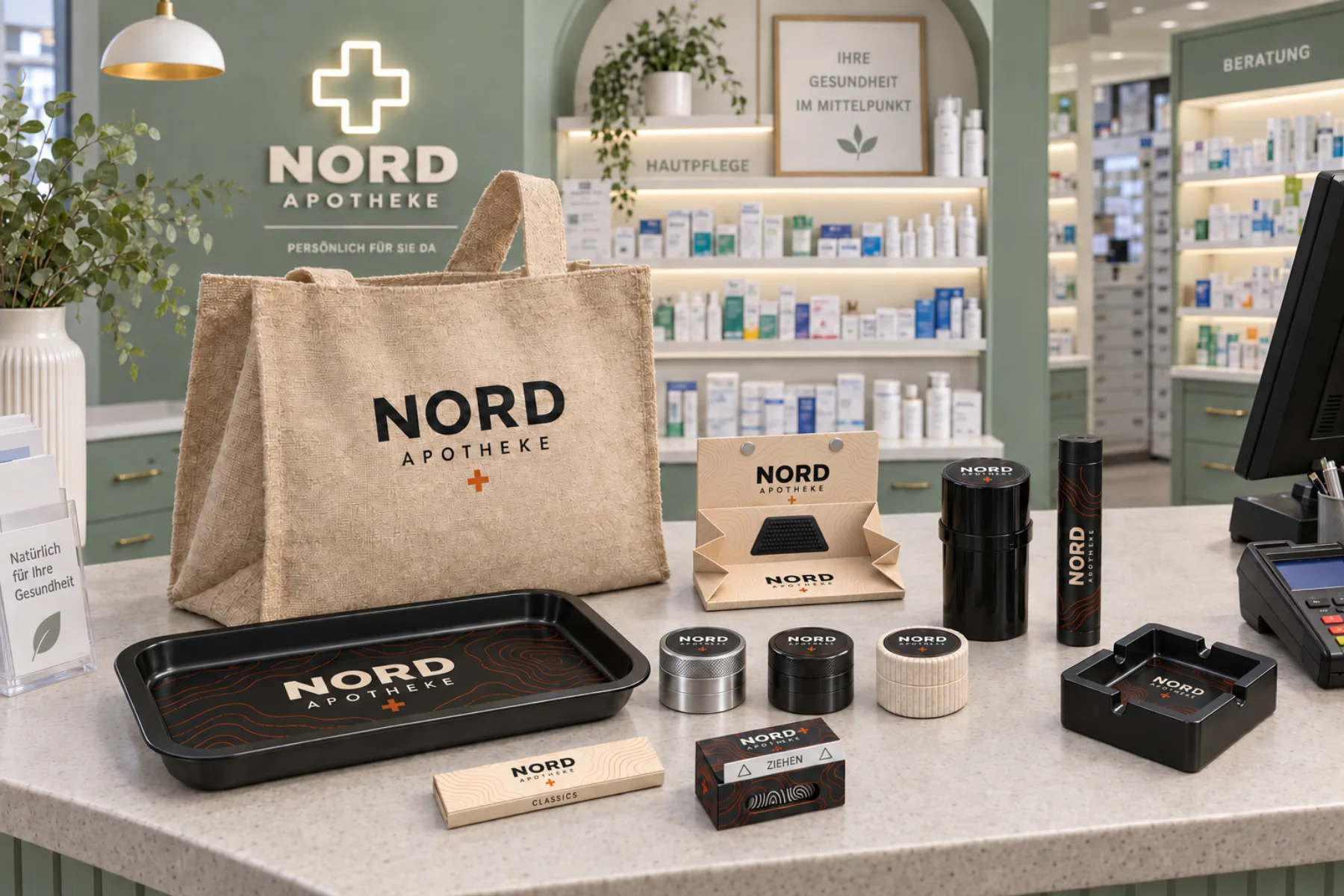 Fiktive NORD-Kollektion mit individuell gestalteten Produkten am Apothekentresen